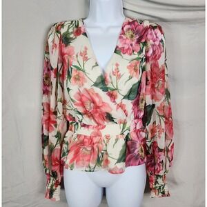EXPRESS Size XS Floral V-Neck Smocked Cuff Peplum Balloon Sleeve Chiffon Blouse
